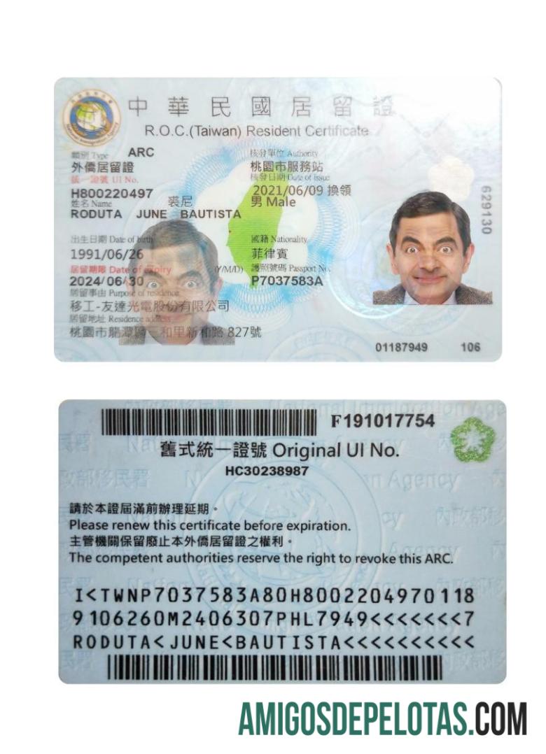 Autorização de residência em Taiwan exemplo